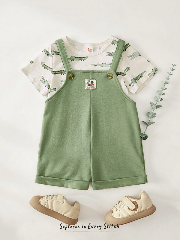 Baby Boy Cartoon Crocodile Print Soft Knit Crew Neck Short Sleeve Pullover Top And Bib Pants