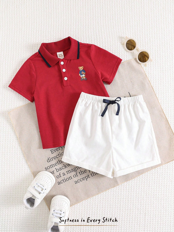Baby Boy Cartoon Print Soft Knit Polo Collar Snap Button Shirt And Elastic Waist Shorts