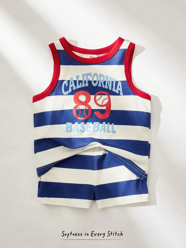 Baby Boy Letter Pattern Knit Soft Crew Neck Sleeveless Top And Elastic Waist Shorts