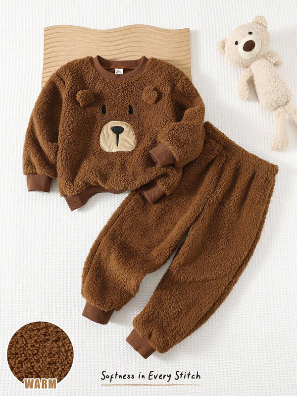 Young Boy Cartoon Bear Pattern Fleece Lined Crew Neck Long Sleeve Hoodie And Elastic Waist Ankle Length Pants