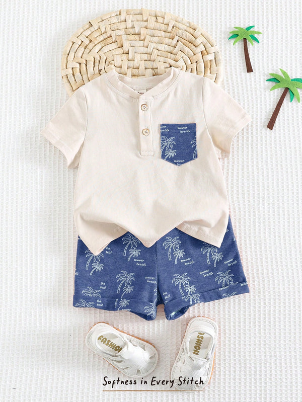 2pcs Toddler Boy Plant & Floral Print Colorblock Soft Knit Crew Neck Short Sleeve Top And Elastic Waist Shorts