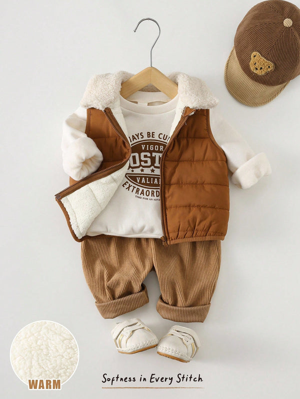 Baby Boy Letter Print Knit Soft Crew Neck Long Sleeve Hoodie, Sleeveless Vest, Elastic Waist Pants