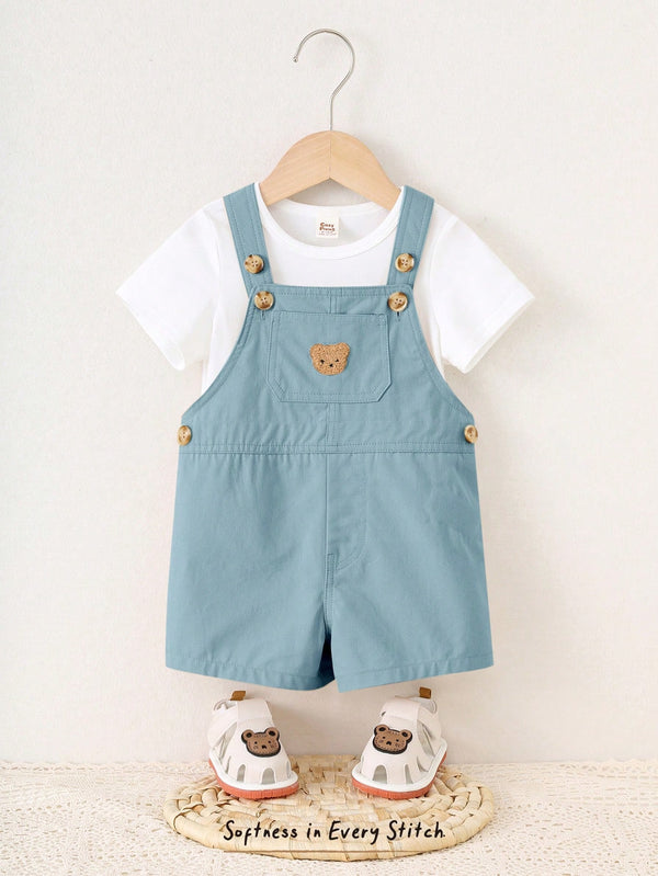 Baby Boy Cartoon Bear Pattern Overall Casual Versatile Shorts Set