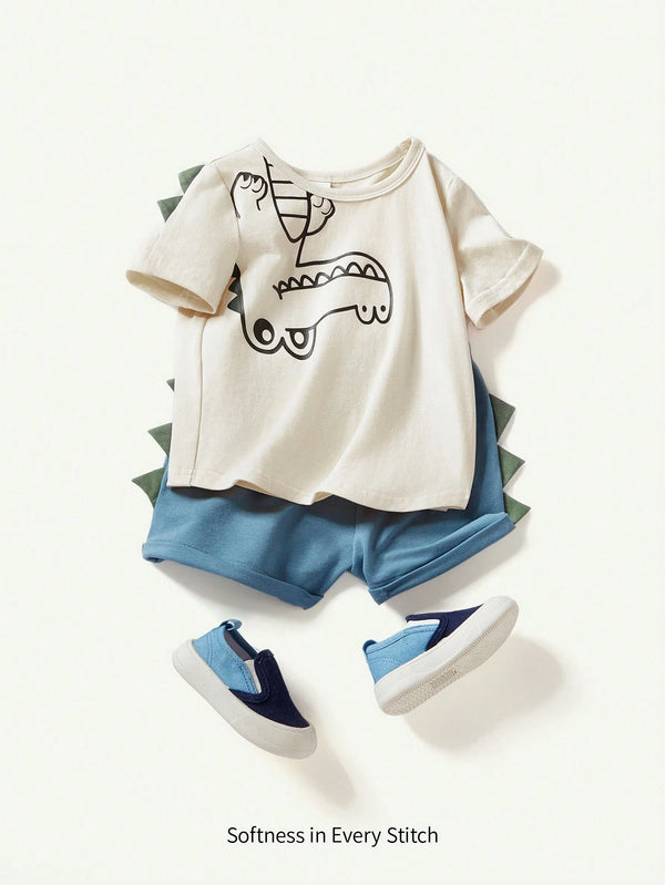 Baby Boy Cartoon Dinosaur Pattern Short Sleeve T-Shirt With 3D Spike Design Round Neck And Shorts
