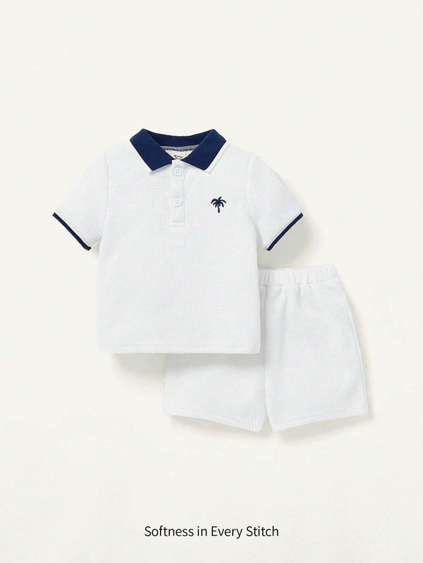 Cozy Pixies Baby Boy Coconut Tree Embroidery Contrast Collar Top And Solid Color Shorts