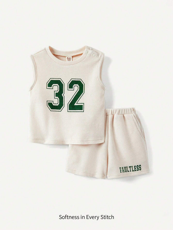 2pcs/Set Baby Boy Letter Print Round Neck Sleeveless Tank Top And Casual Shorts