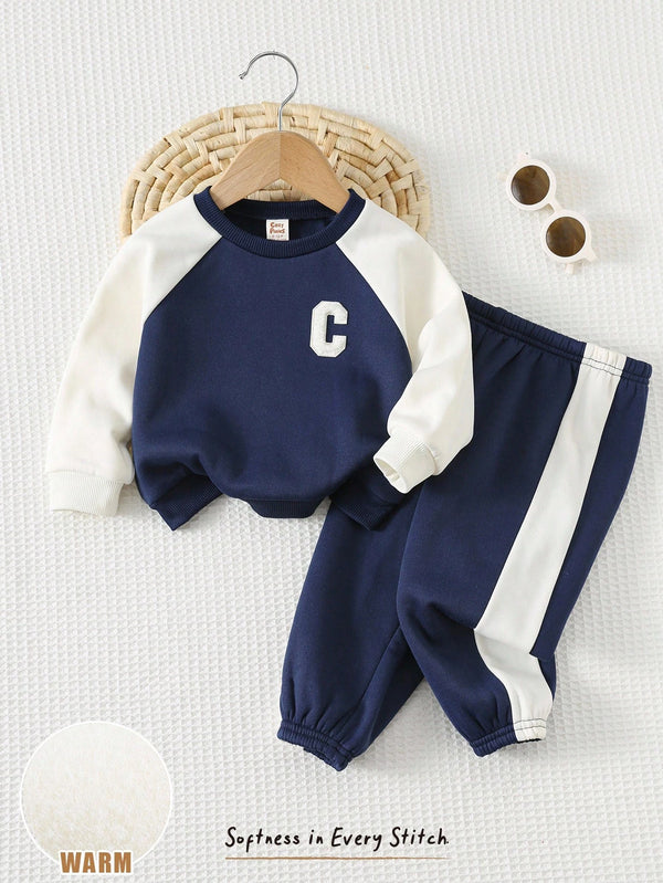 Baby Boy Solid Color Knit Thickened Casual Comfortable Infant (Boy) Sweatshirt Set
