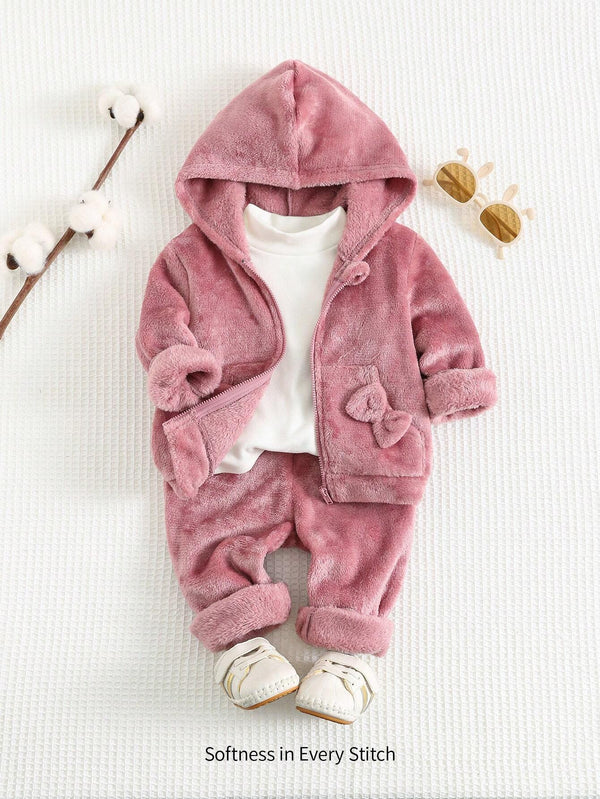Thermal Lined Hooded Jacket With 3D Bow Zipper & Drawstring Pants