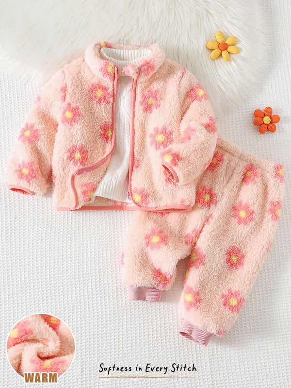Cozy Pixies Baby Girl Floral Print Lapel Long Sleeve Cardigan And Elastic Waist Pants