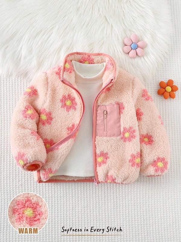 Baby Girl Floral Print Thicken Fleece Lining Stand Collar Long Sleeve Cardigan