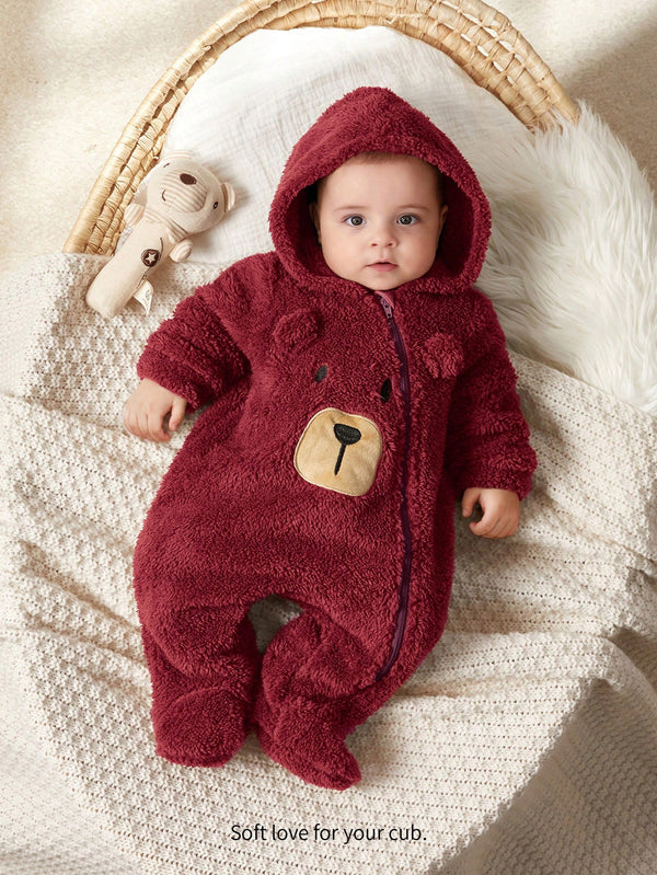 Newborn Baby Boys' Cartoon Bear Ear Hoodie Thick Long Sleeve Jumpsuit