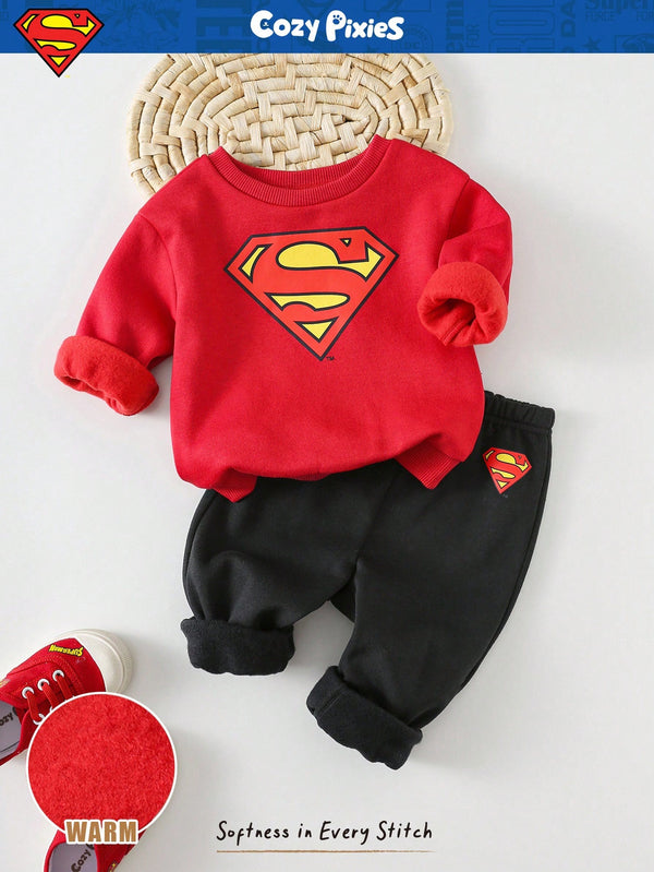 Baby Boy Superhero Pattern Knit Soft Crew Neck Long Sleeve Pullover Sweatshirt And Elastic Waist Ankle Length Pants