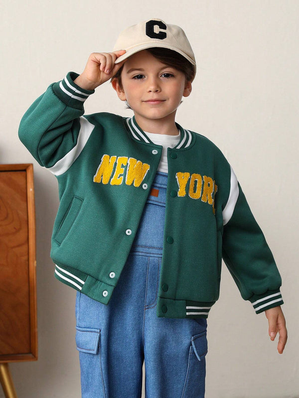 Young Boys Letter Print Color Block Casual Knitted Baseball Jacket