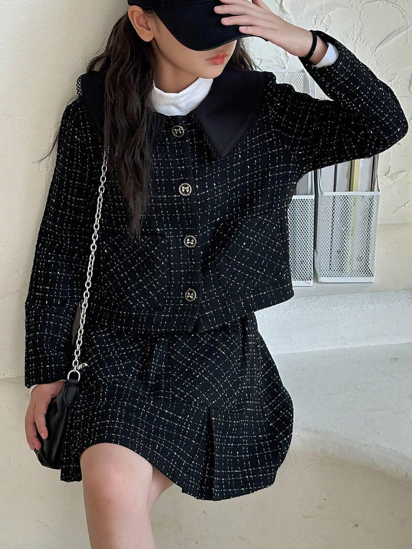 DAZY 2pcs Tween Girl Plaid Striped Stylish Dress Set