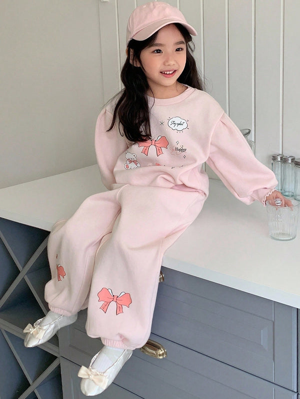 2pcs Young Girl Cute Graphic Print Fleece Lined Crew Neck Sweatshirt And Sweatpants