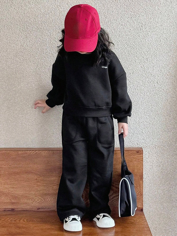 Young Girl Knitted Fleece Letter Print Sweatshirt Set