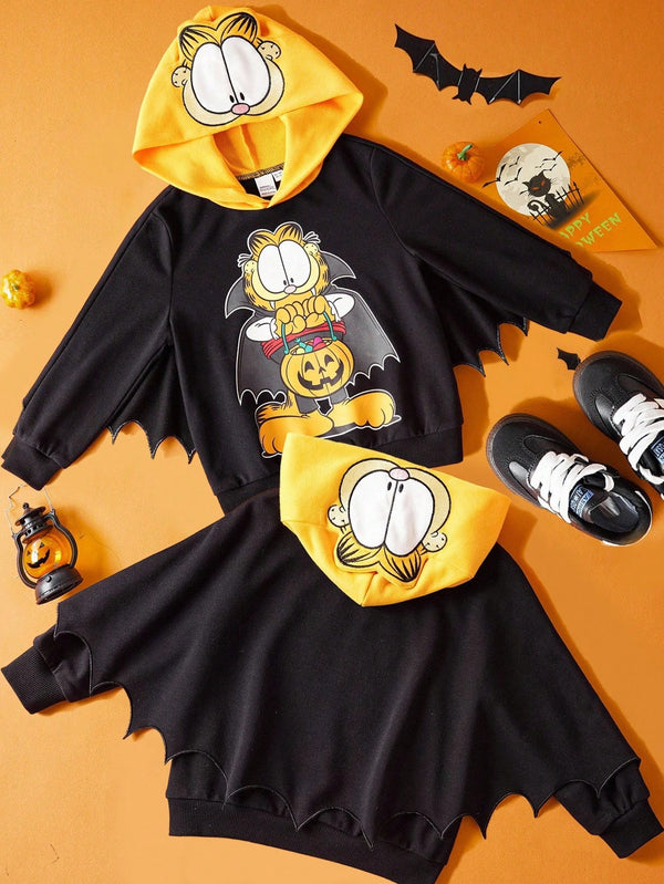 Halloween Cartoon Pattern Contrast Color Embroidered Hooded Bat Shaped Cape Sweatshirt