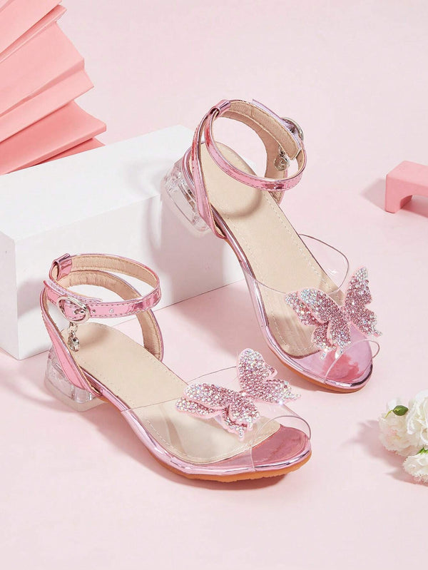 Girls' Chunky Heel Silver Glitter Butterfly Crystal Sandals