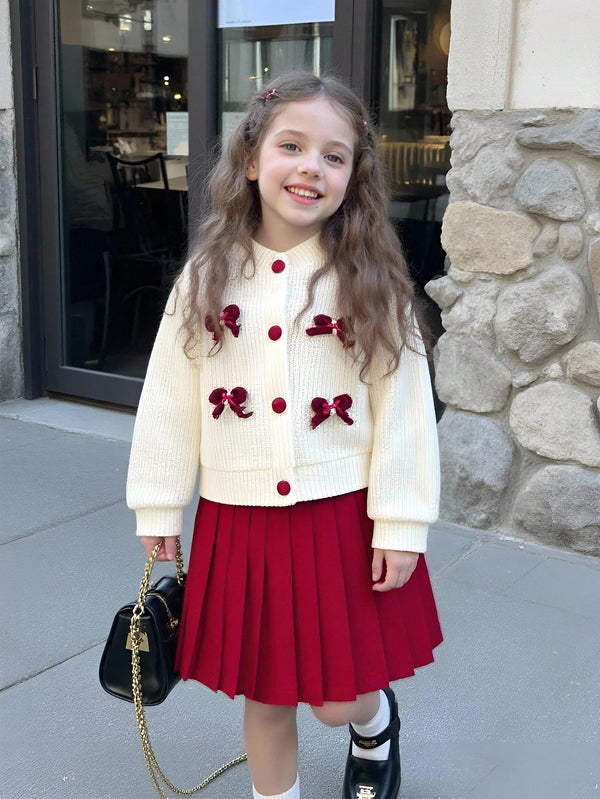 Girls' Cute Casual Everyday Knit Cardigan Jacket With Decorative Accessories, Paired With Red Skirt