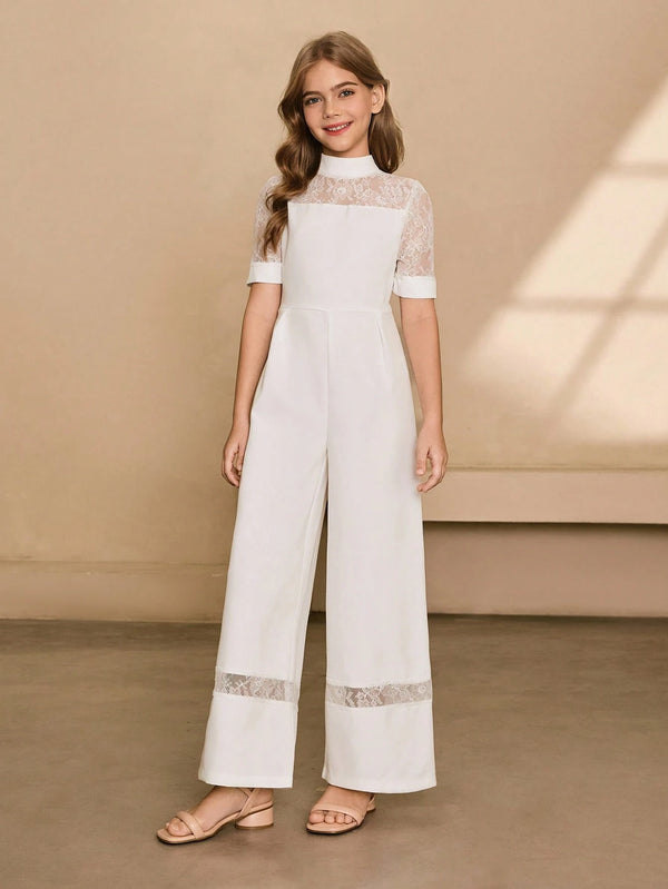 Elegant Minimalist High Neck Raglan Short Sleeve Lace Fabric High Waist Slim Fit Jumpsuit