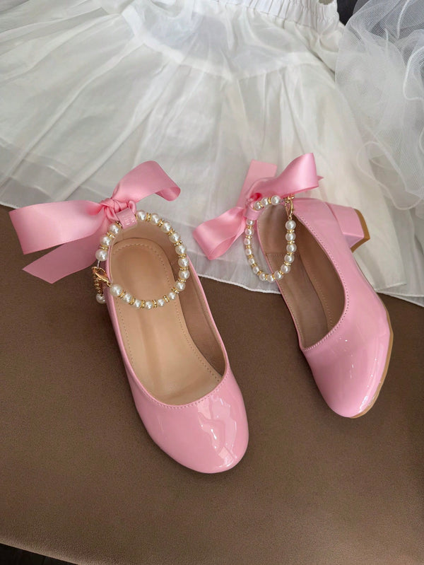 Girls Pearl Chain Decorated High Heel Shoes