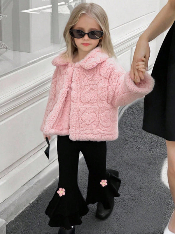 Girls' Pink Fluffy Jacket Paired With Black Ribbed Knit Vest, Patchwork Flare Pants With Shoulder Straps