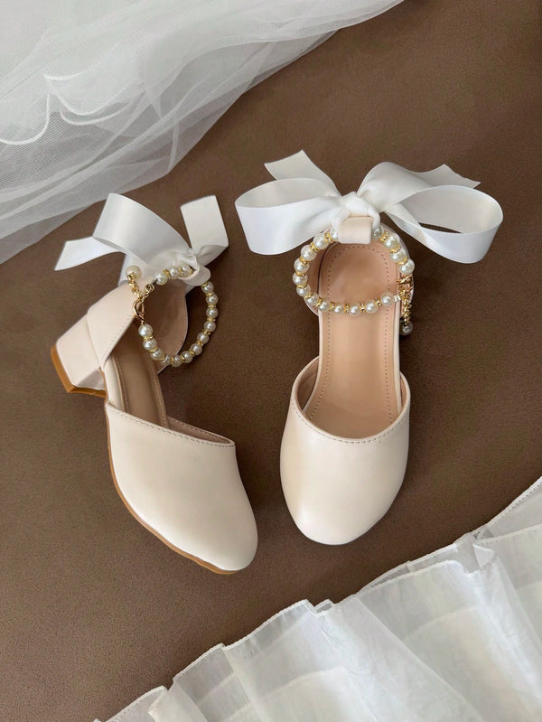 Girls' High Heel Shoes, PU Leather, Pearl Chain Design