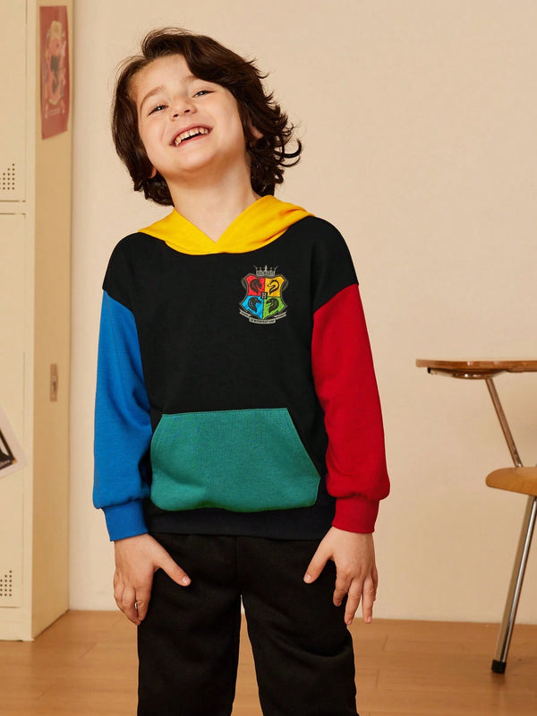 Young Boy Hogwarts Badge Print Casual Color Block Hooded Black Sweatshirt