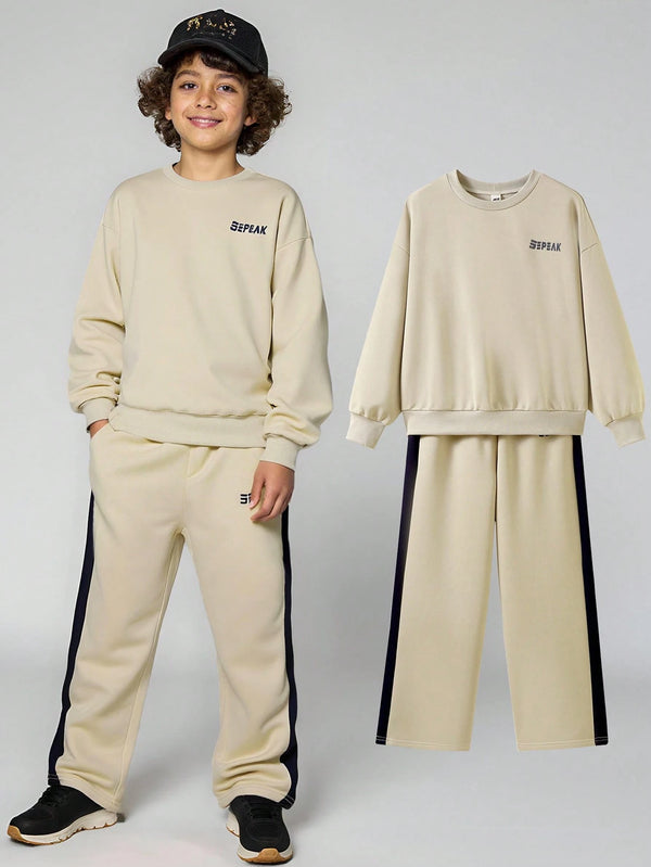 Tween Boy Casual Loose Fit Crew Neck Letter Print Sweatshirt Top And Relaxed Fit Sweatpants