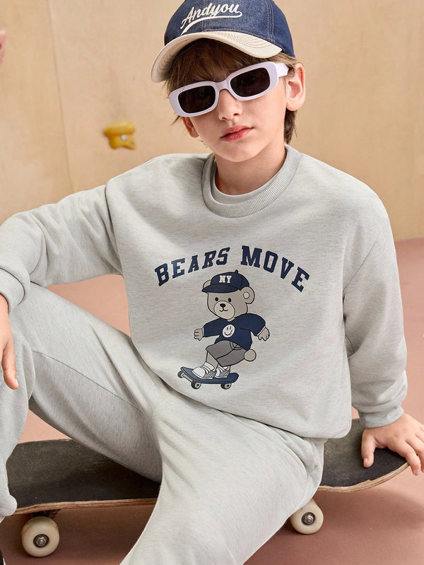 Crew Neck Long Sleeve Sweatshirt With Funny Skateboard Bear Graphic Print Paired With Relaxed Fit Sweatpants
