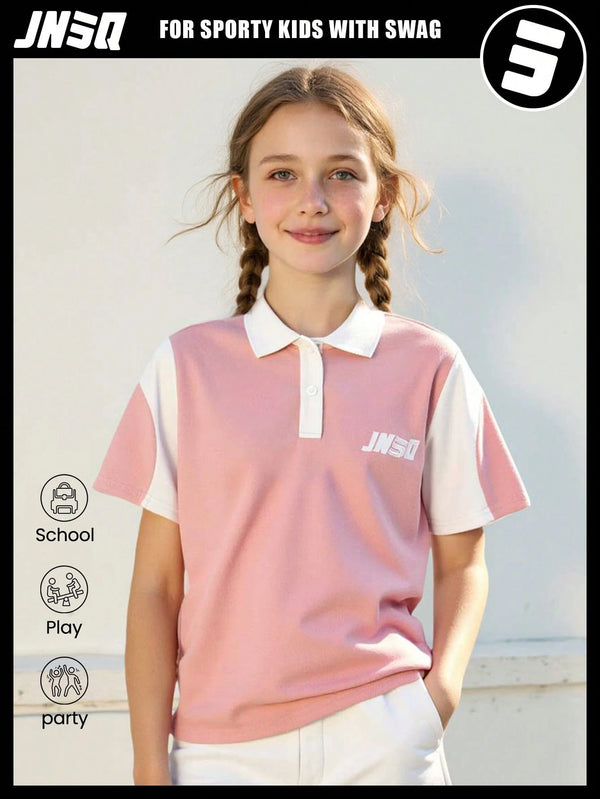 JNSQ Tween Girl Letter Print Contrast Color Polo Collar Short Sleeve T-Shirt