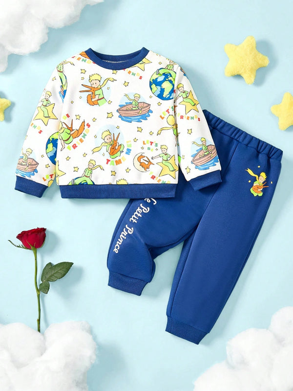 Baby Boy Cartoon Planet & Fox Print Cute Casual Long Sleeve Crew Neck Sweatshirt And Blue Pants