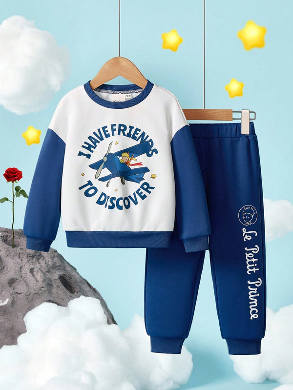 Young Boy Cartoon Fox Pilot Pattern Colorblock Loose Sweatshirt And Pants