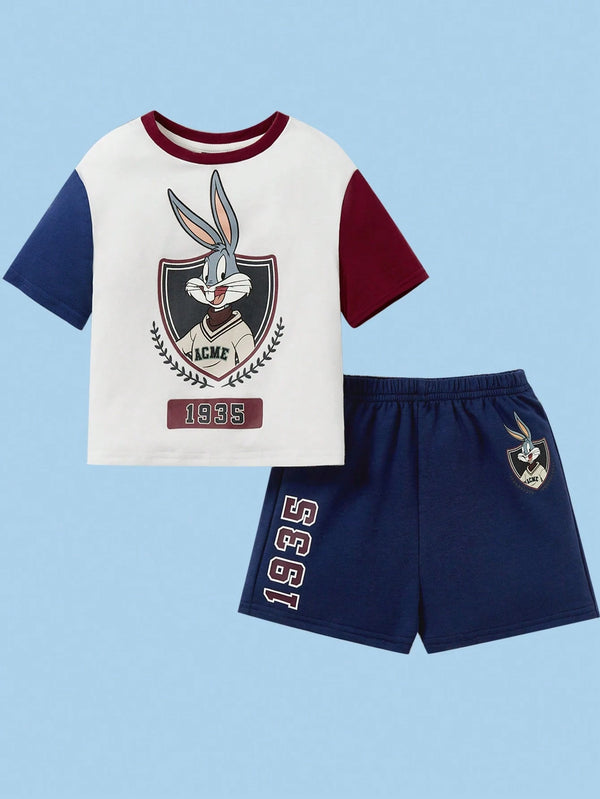 Baby Boy Cartoon Graphic Casual Versatile Short Sleeve T-Shirt And Navy Blue Shorts