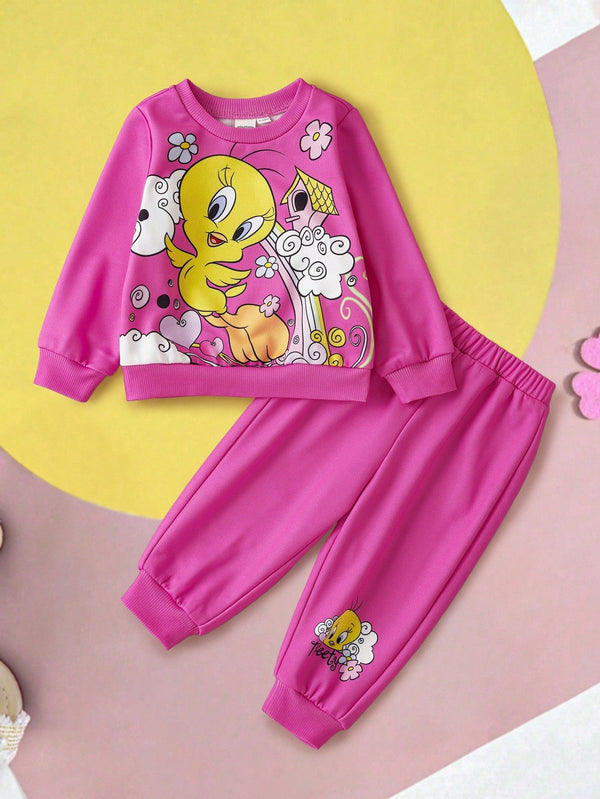 Baby Girl Casual Cartoon Pattern Crew Neck Long Sleeve Sweatshirt And Sweatpants