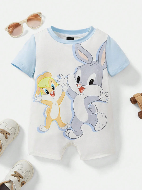 Baby Boy Cartoon Rabbit Printed Contrast Color Casual Comfortable Cute Romper