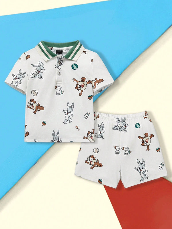 Baby Boy Cartoon Rabbit & Dog Print Polo Collar Short Sleeve Top & Shorts