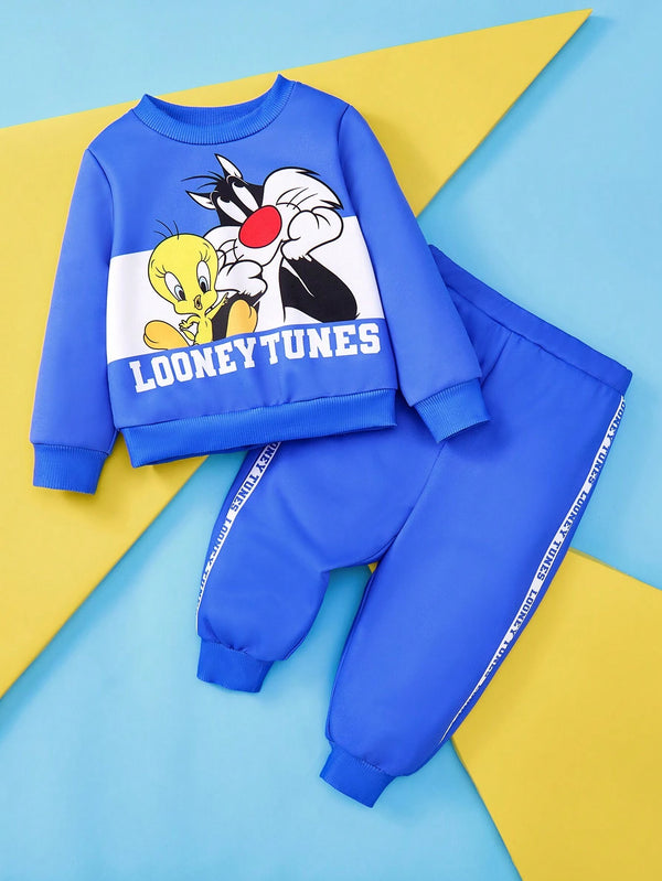 Baby Boy Cartoon Tweety Graphic Letter Print Sporty Casual Round Neck Sweatshirt With Ribbed Cuffs Pants
