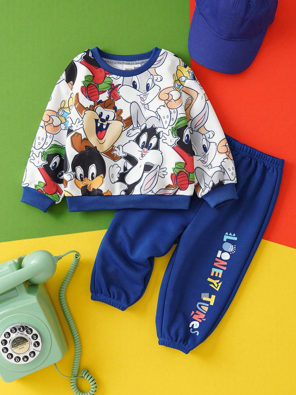 Baby Boy Cool Cartoon Animal Print Color Block Loose Sweatshirt & Sweatpants Set