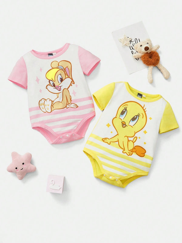 Baby Girl Cute And Comfortable Cartoon Lola Bunny&Tweety Printed Short Sleeve Bodysuit With Round Neck