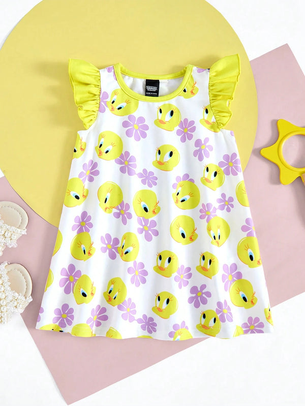 Baby Girl Tweety Bird & Floral Print Cap Sleeve Cute Casual Dress