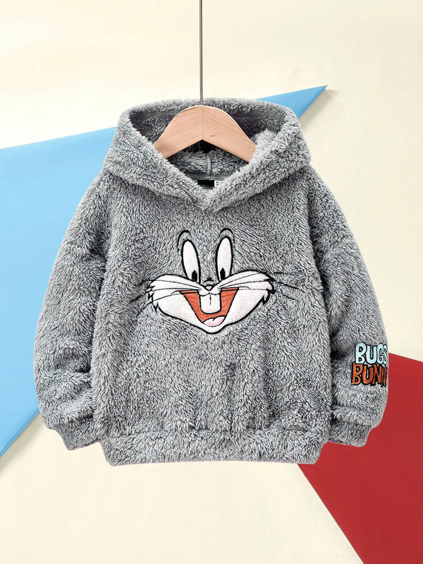 Young Boy Cartoon Embroidery Graphic Thermal Lined Hoodie