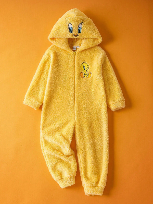 Young Girl Cartoon Embroidered Yellow Plush Zip Front Long Sleeve Hooded Plush Jumpsuit