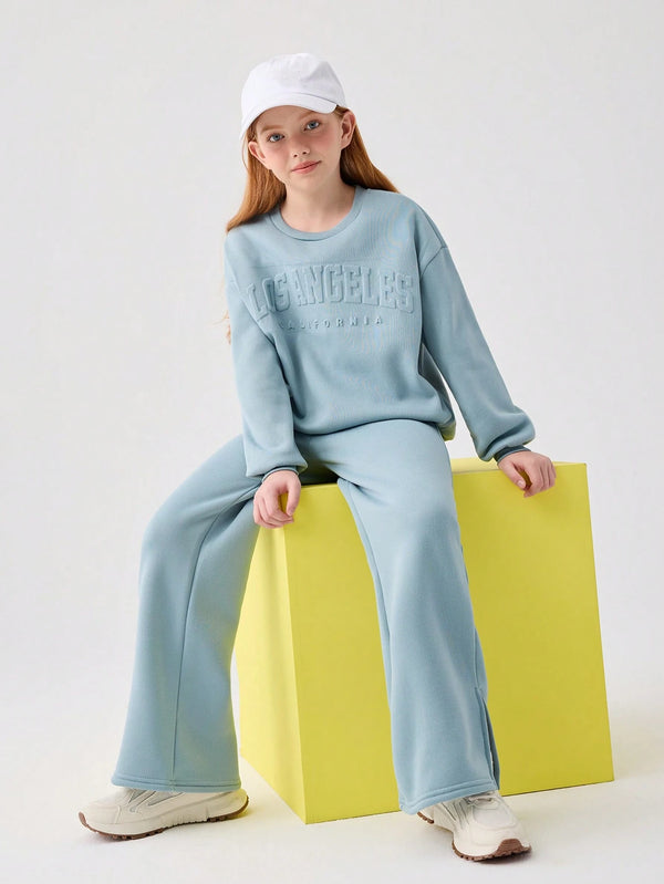 Tween Girl Loose Flocked Crew Neck Long Sleeve Hoodie & Split Side Long Sweatpants