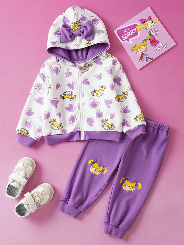 Baby Girl Cute Heart Print Hooded Sweatshirt And Purple Pants Set
