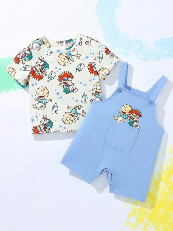 Baby Boy Cartoon Figure Printed Casual Short Sleeve T-Shirt And Navy Blue Overalls