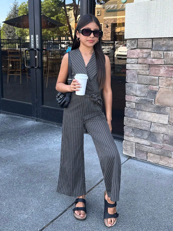 Nova Glow Tween Girl Fashion V-Neck Collar Blue Striped Jumpsuit