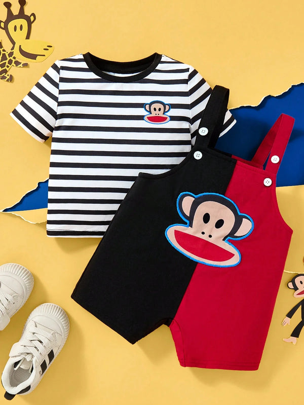 Cartoon Monkey Embroidery Striped Print Casual Versatile Short Sleeve T-Shirt & Contrasting Suspender Pants