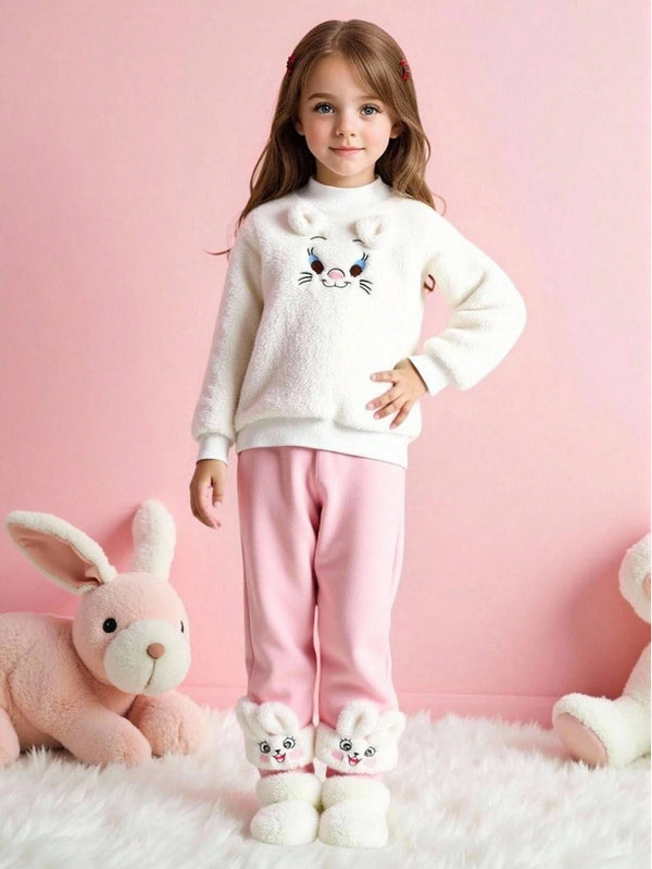Cute Expression Print Fleece Sweatshirt + Pants Set