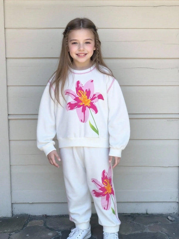 Young Girl Casual Basic Style Floral Print Front Panel, Ribbed Collar, Cuffs And Hem Contrast Color Long Sleeve Top And Pants